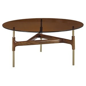 Pemberly Row 39&quot Round Glass Coffee Table with Walnut Base