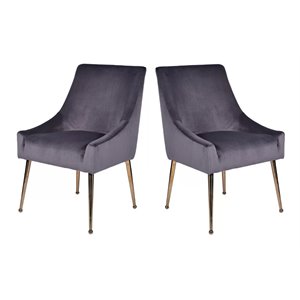 Pemberly Row Gray Velvet Dining Chairs with Gold Legs (Set of 2)