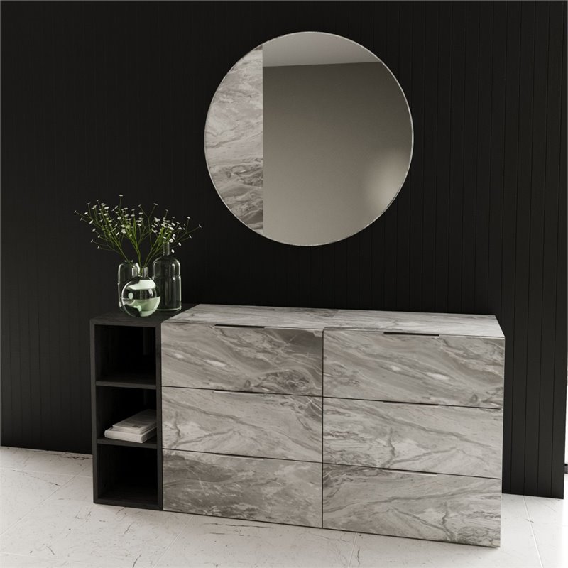 Pemberly Row 6-Drawer Veneer Wood Dresser with Faux Marble Finish in Gray