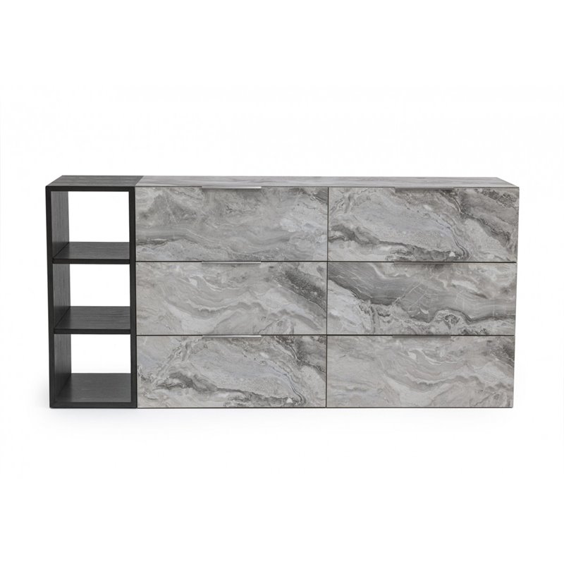Pemberly Row 6-Drawer Veneer Wood Dresser with Faux Marble Finish in Gray