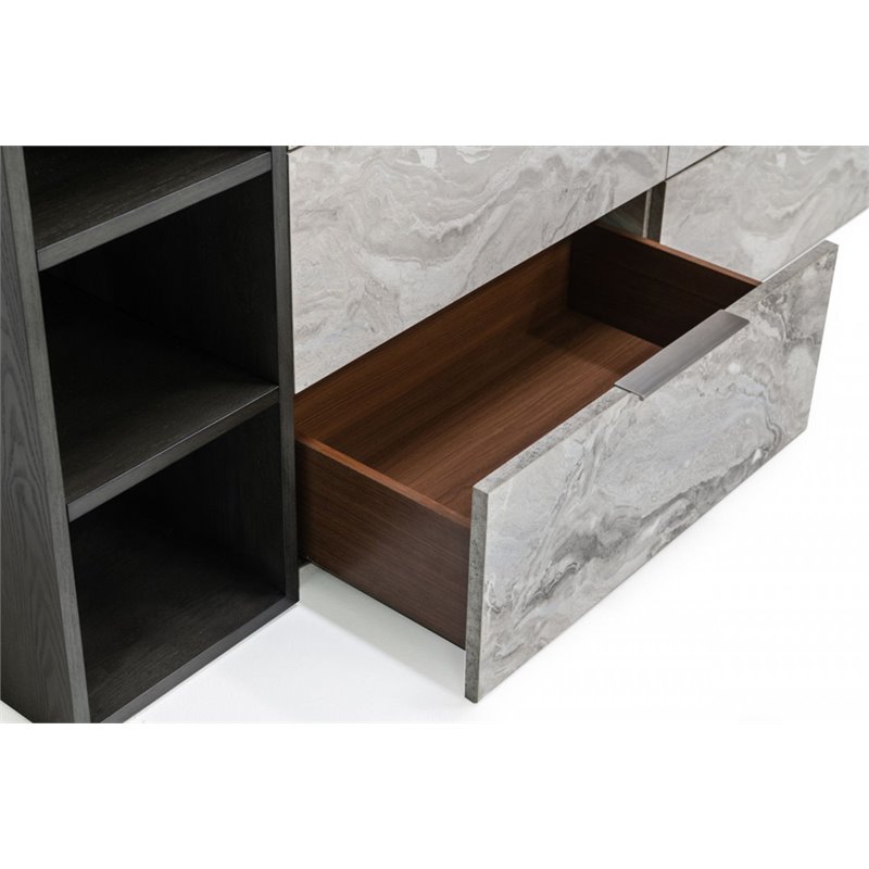 Pemberly Row 6-Drawer Veneer Wood Dresser with Faux Marble Finish in Gray
