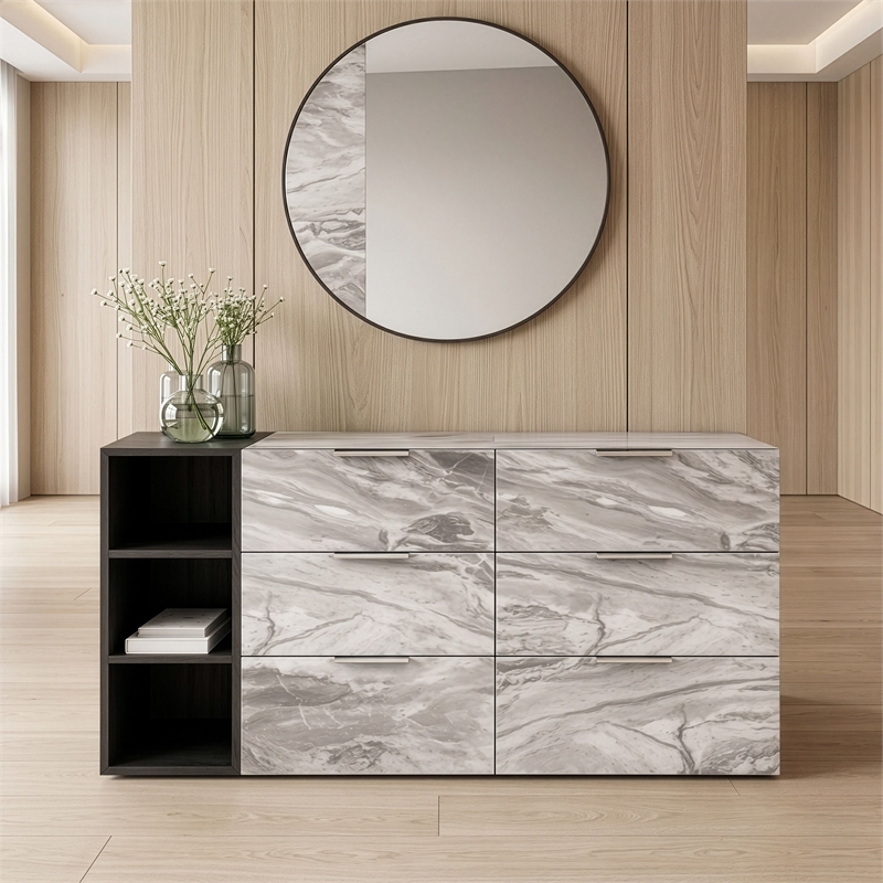 Pemberly Row 6-Drawer Veneer Wood Dresser with Faux Marble Finish in Gray