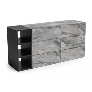 Pemberly Row 6-Drawer Veneer Wood Dresser with Faux Marble Finish in Gray