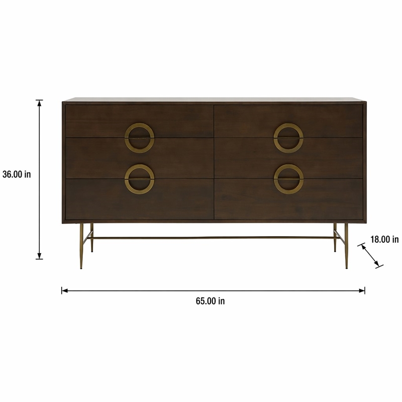 Pemberly Row 6-Drawer Acacia Wood Dresser with Antique Brass Finish in Brown