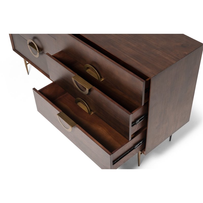 Pemberly Row 6-Drawer Acacia Wood Dresser with Antique Brass Finish in Brown