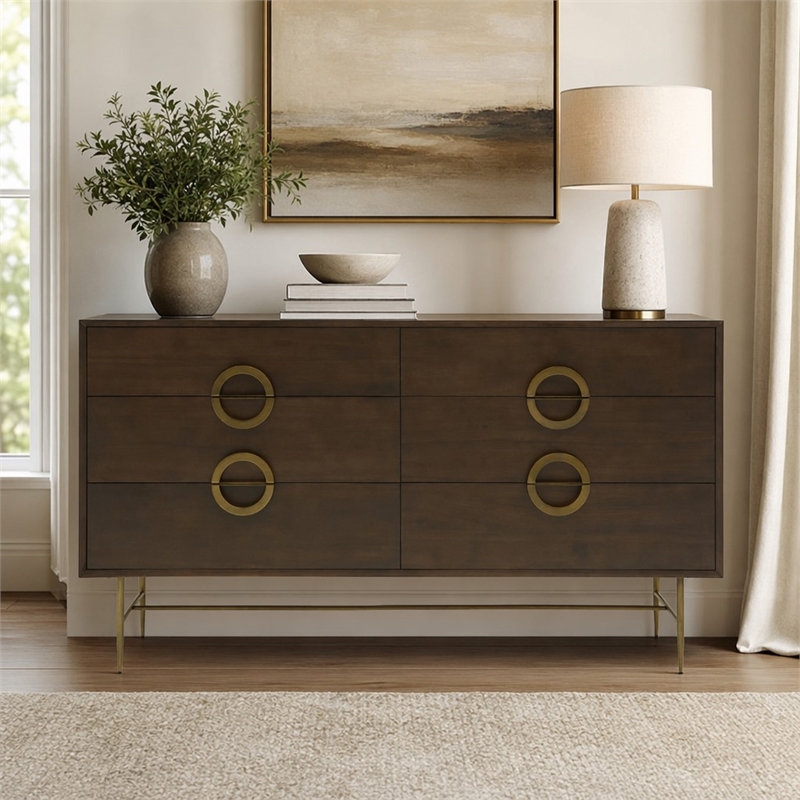 Pemberly Row 6-Drawer Acacia Wood Dresser with Antique Brass Finish in Brown