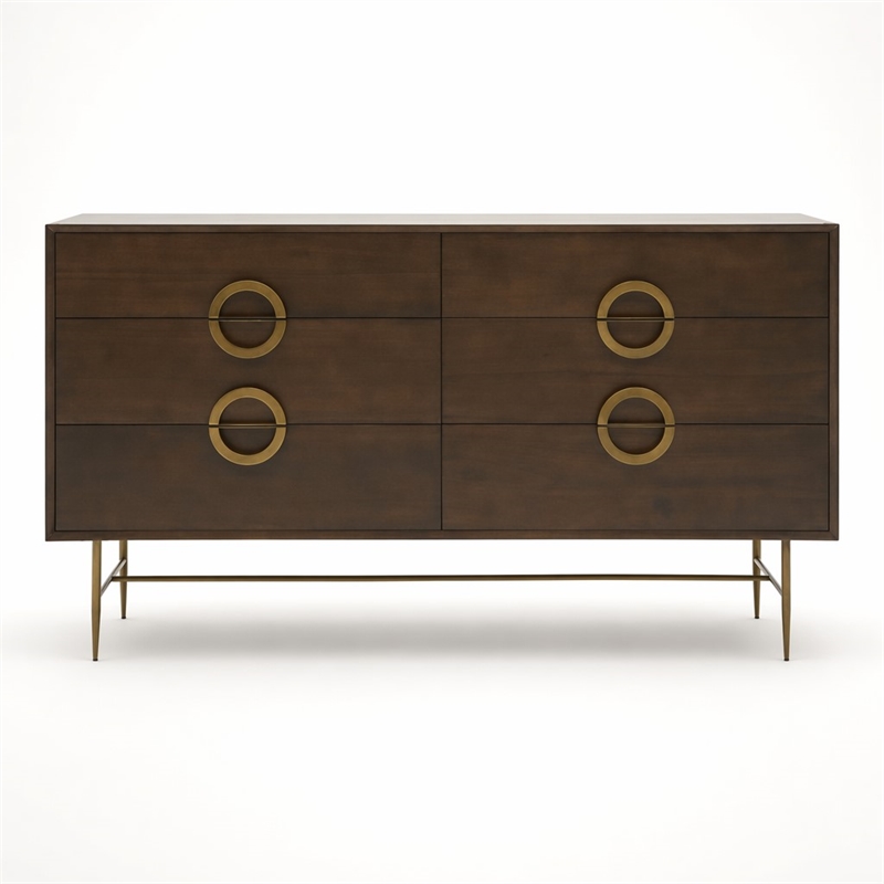 Pemberly Row 6-Drawer Acacia Wood Dresser with Antique Brass Finish in Brown