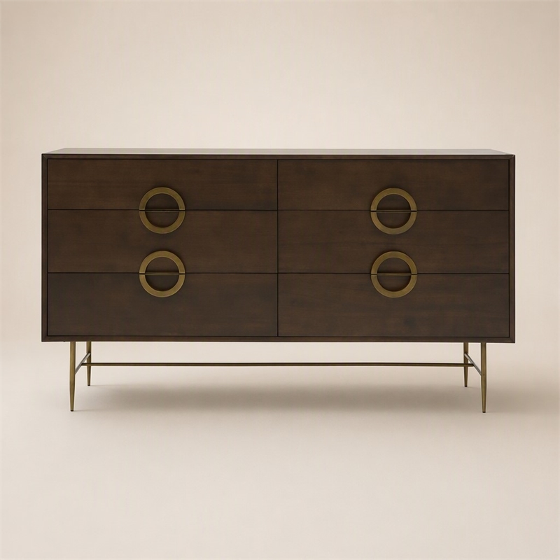 Pemberly Row 6-Drawer Acacia Wood Dresser with Antique Brass Finish in Brown