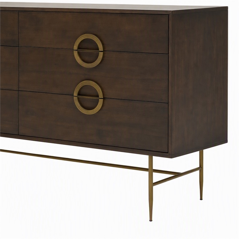 Pemberly Row 6-Drawer Acacia Wood Dresser with Antique Brass Finish in Brown