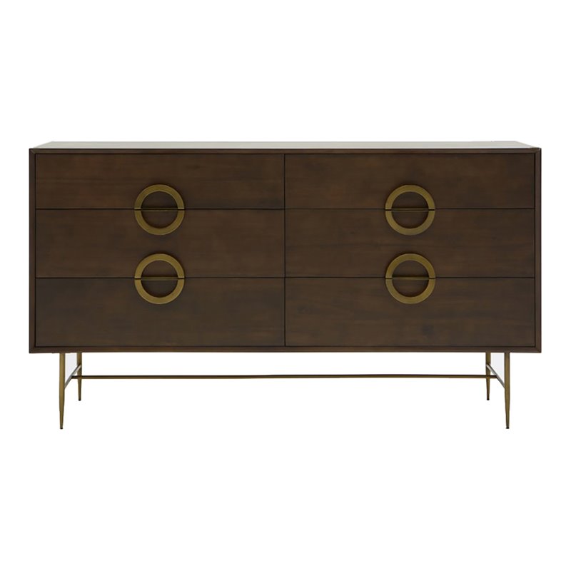 Pemberly Row 6-Drawer Acacia Wood Dresser with Antique Brass Finish in Brown