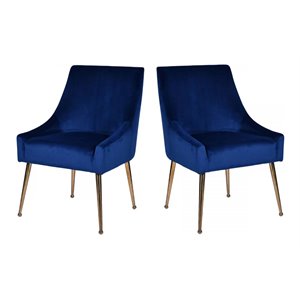 Pemberly Row Set of 2 Modern Velvet Dining Chairs with Gold Accents in Blue