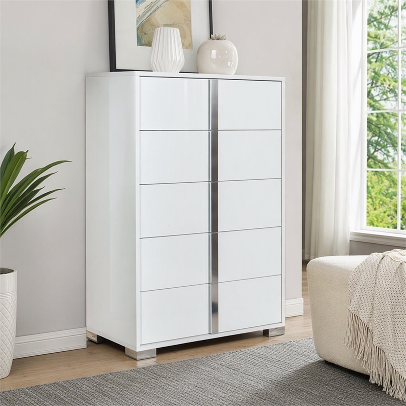 Pemberly Row 5-Drawer MDF Wood and Steel Bedroom Chest in White/Silver