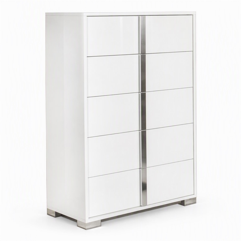Pemberly Row 5-Drawer MDF Wood and Steel Bedroom Chest in White/Silver