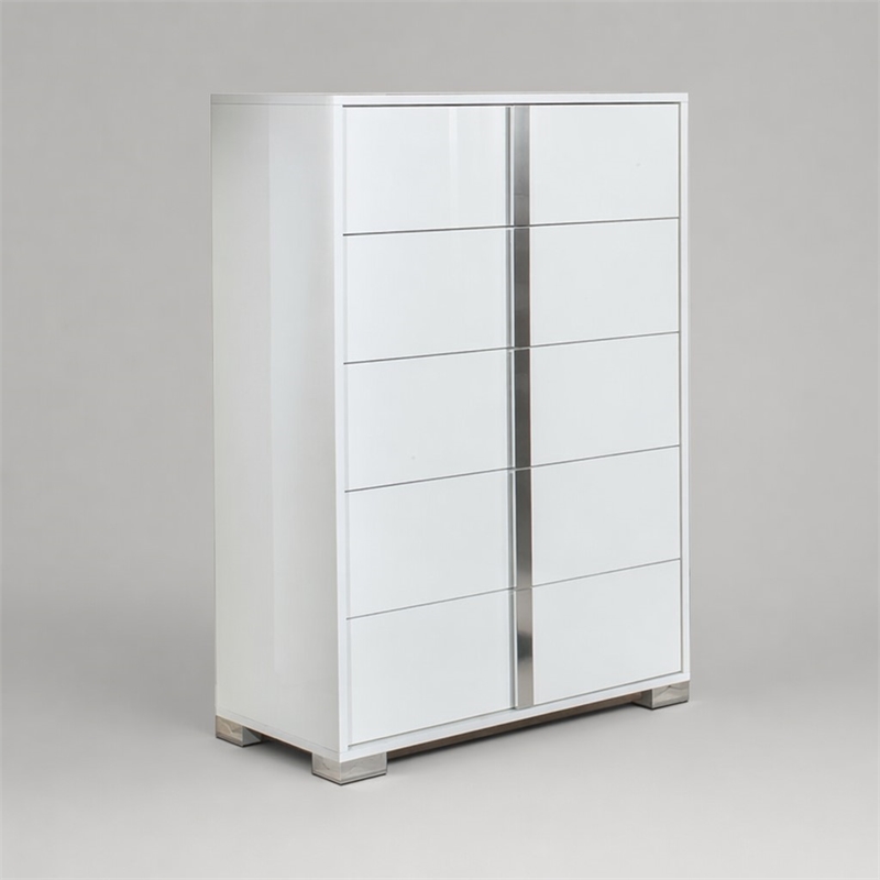 Pemberly Row 5-Drawer MDF Wood and Steel Bedroom Chest in White/Silver