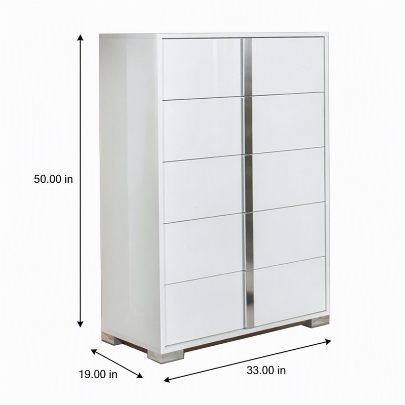 Pemberly Row 5-Drawer MDF Wood and Steel Bedroom Chest in White/Silver