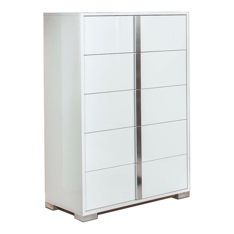 Pemberly Row 5-Drawer MDF Wood and Steel Bedroom Chest in White/Silver