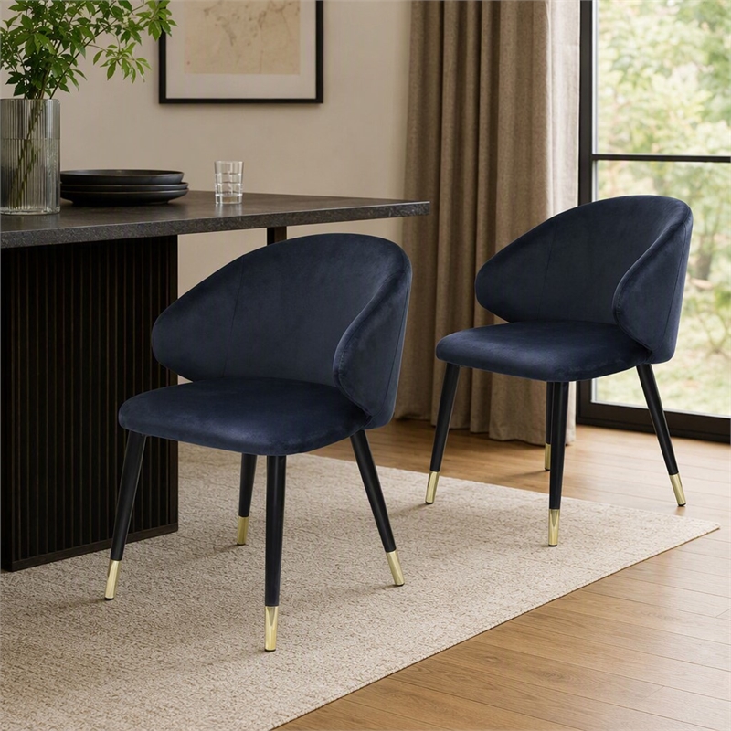 Pemberly Row Wingback Velvet Dining Chairs in Blue/Metal (Set of 2)
