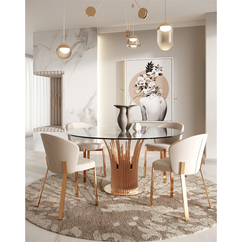 Pemberly Row Modern Velvet Dining Chairs in Beige/Rosegold (Set of 2)