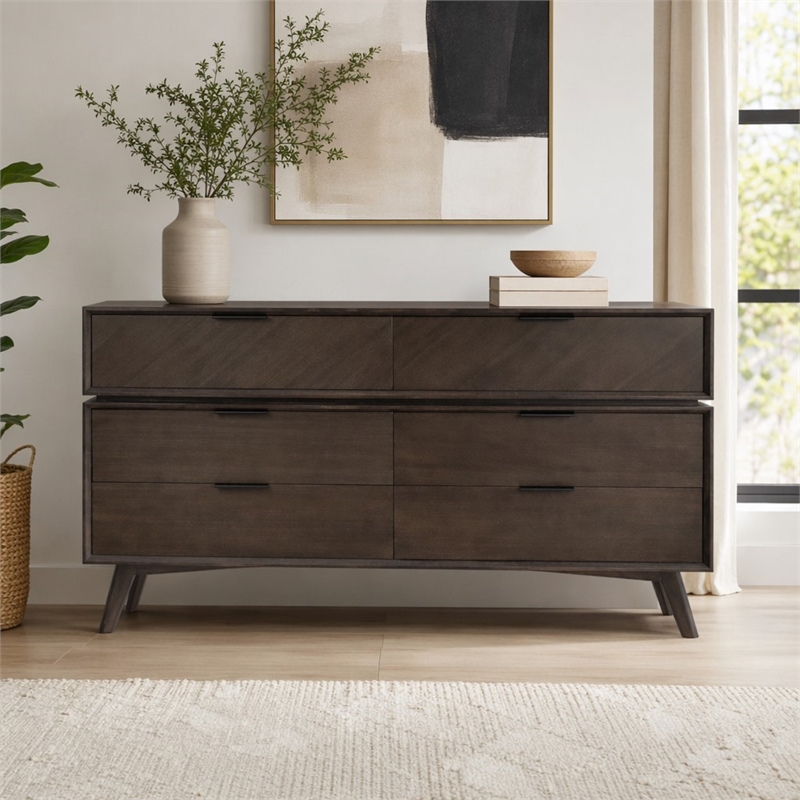 Pemberly Row Roger Mid-Century Acacia Veneer Wood Dresser in Brown/Black