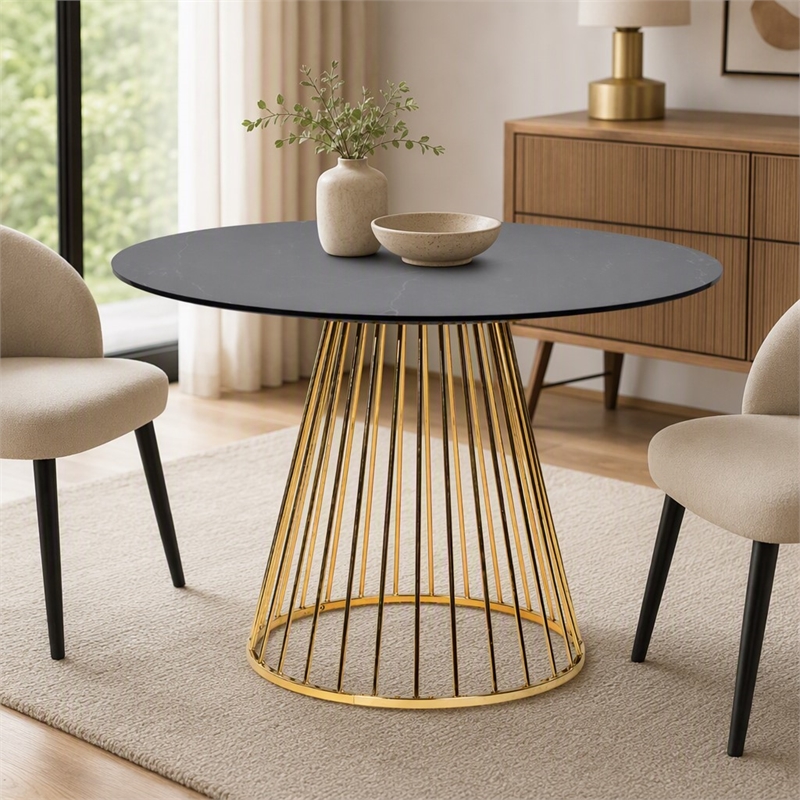 Pemberly Row Round Stainless Steel Dining Table in Black and Gold