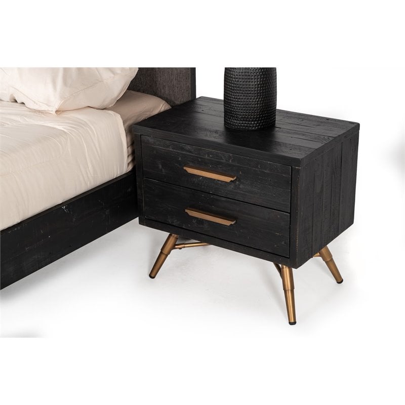 Pemberly Row Recycled Pine Wood Nightstand in Dark Brown with Brass Accents
