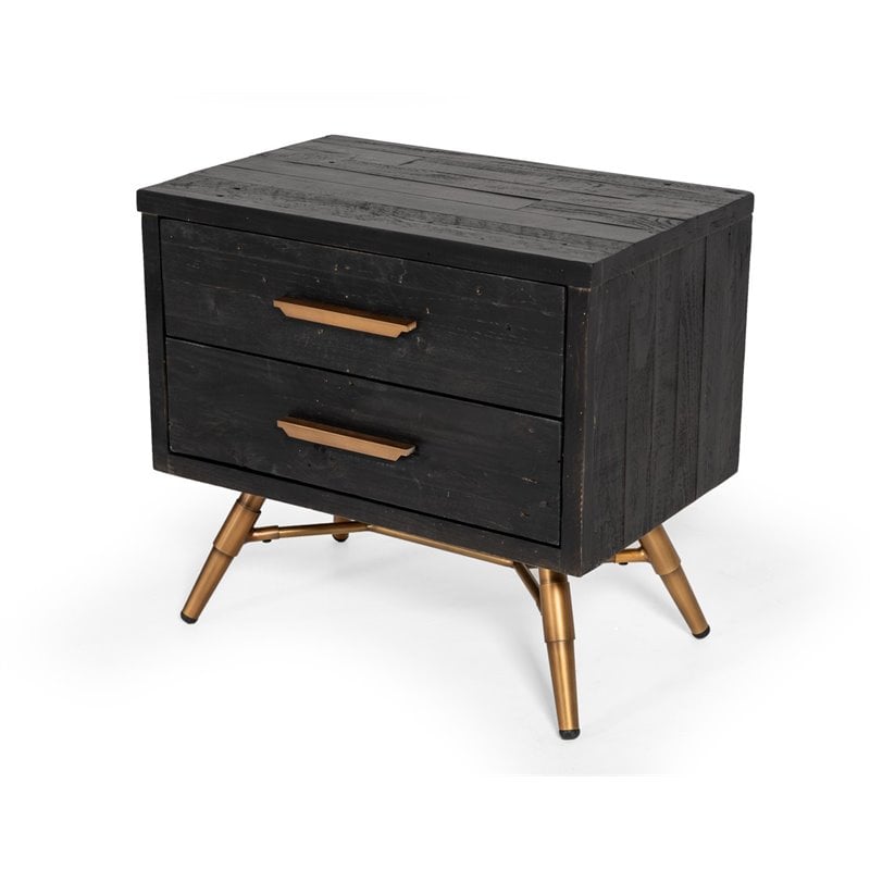 Pemberly Row Recycled Pine Wood Nightstand in Dark Brown with Brass Accents