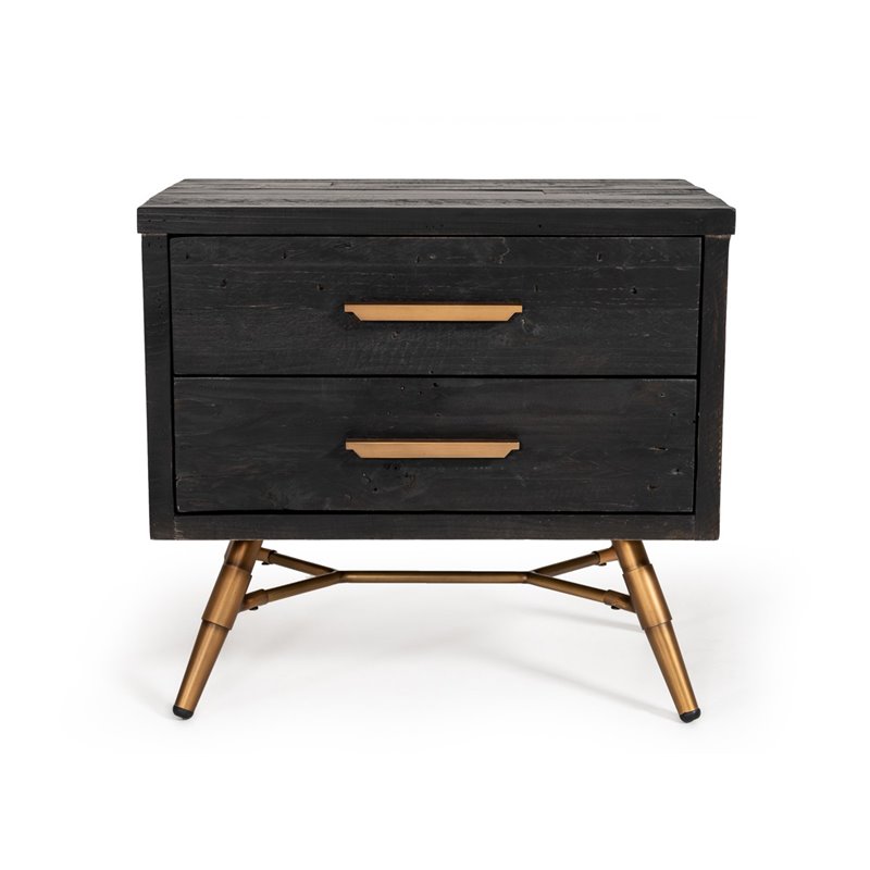 Pemberly Row Recycled Pine Wood Nightstand in Dark Brown with Brass Accents