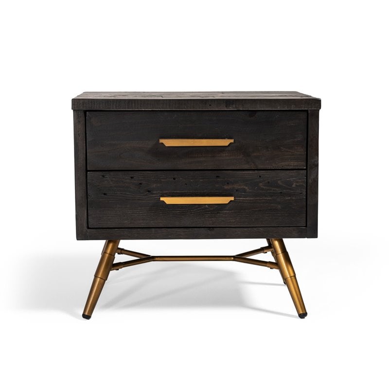 Pemberly Row Recycled Pine Wood Nightstand in Dark Brown with Brass Accents