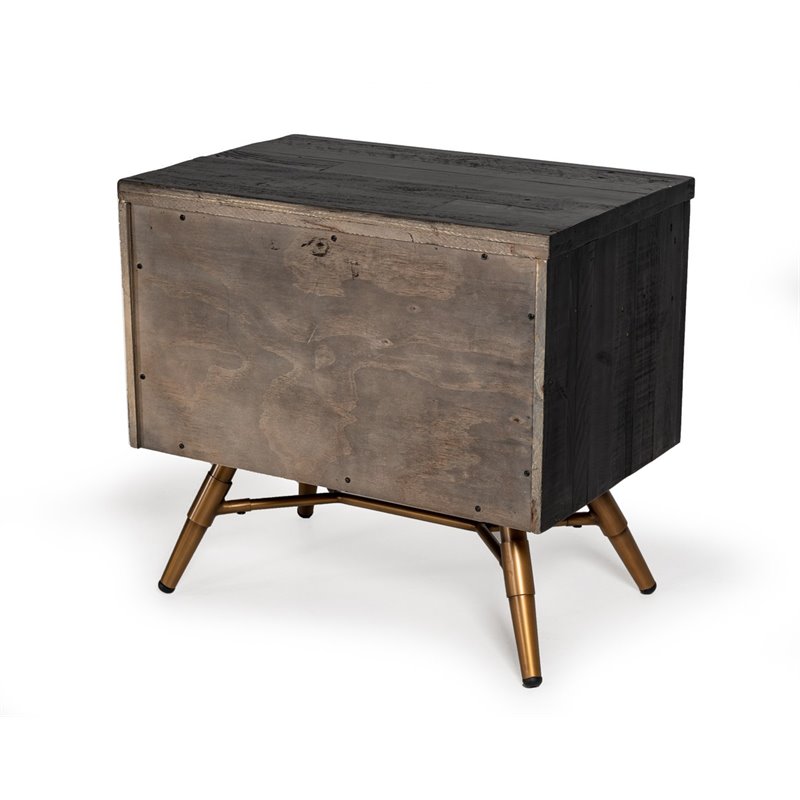 Pemberly Row Recycled Pine Wood Nightstand in Dark Brown with Brass Accents