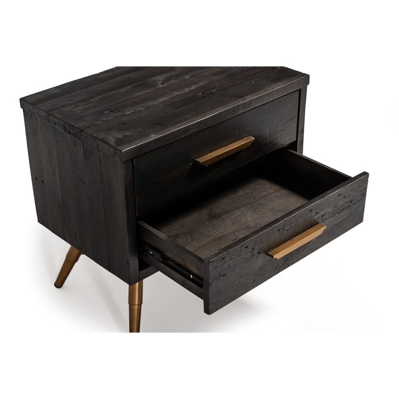 Pemberly Row Recycled Pine Wood Nightstand in Dark Brown with Brass Accents