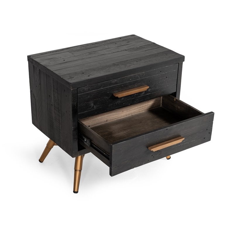 Pemberly Row Recycled Pine Wood Nightstand in Dark Brown with Brass Accents