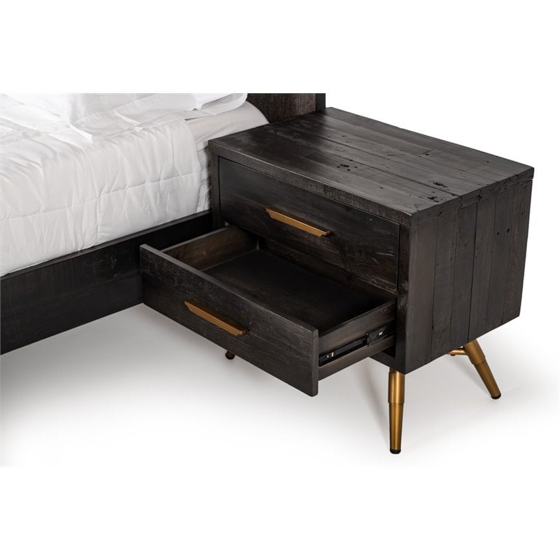 Pemberly Row Recycled Pine Wood Nightstand in Dark Brown with Brass Accents