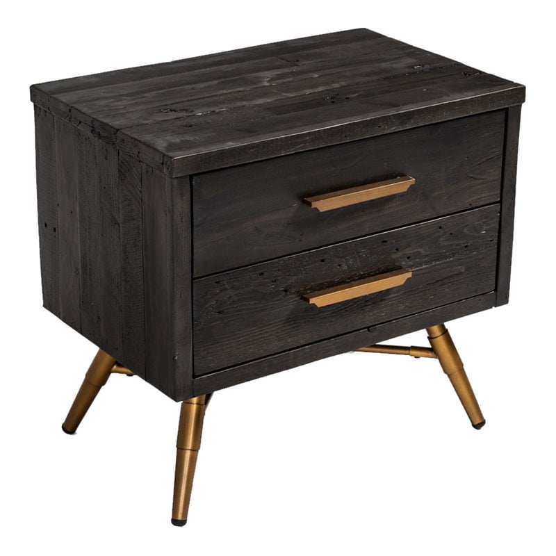 Pemberly Row Recycled Pine Wood Nightstand in Dark Brown with Brass Accents