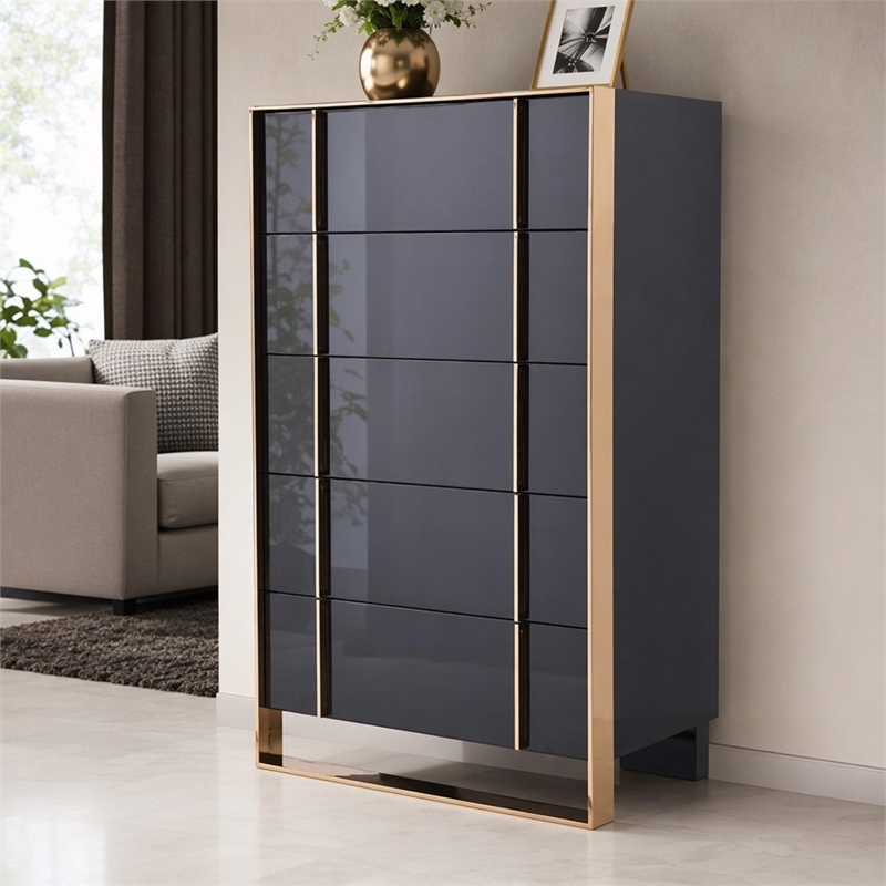 Pemberly Row 5-Drawer MDF Wood Chest with Rose Gold Accents