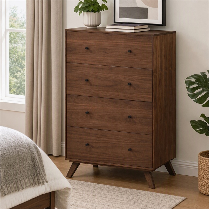 Pemberly Row Mid-Century Wood Chest with 4 Drawers in Walnut Finish