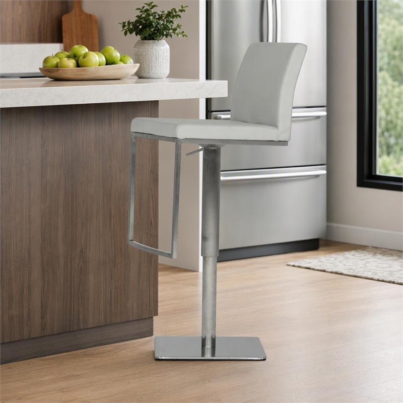 Pemberly Row Air Lift Adjustable Faux Leather Bar Stool in Light Gray