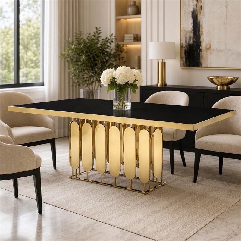 Pemberly Row Modern Stainless Steel Glass Dining Table in Gold Finish
