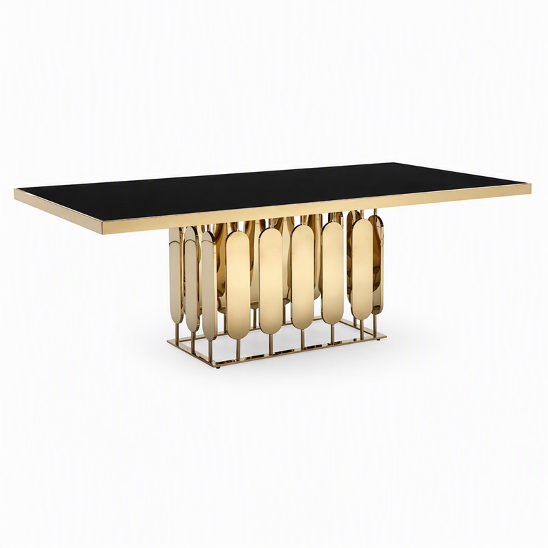 Pemberly Row Modern Stainless Steel Glass Dining Table in Gold Finish