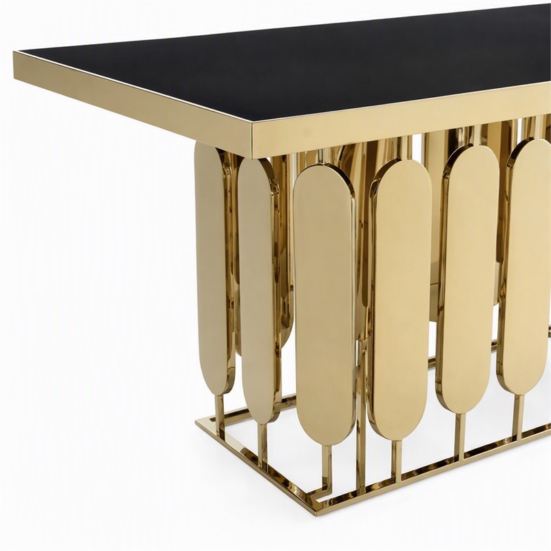 Pemberly Row Modern Stainless Steel Glass Dining Table in Gold Finish