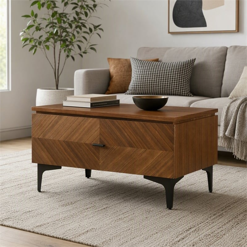 Pemberly Row Mid Century Wood & Metal Nightstand in Walnut and Black