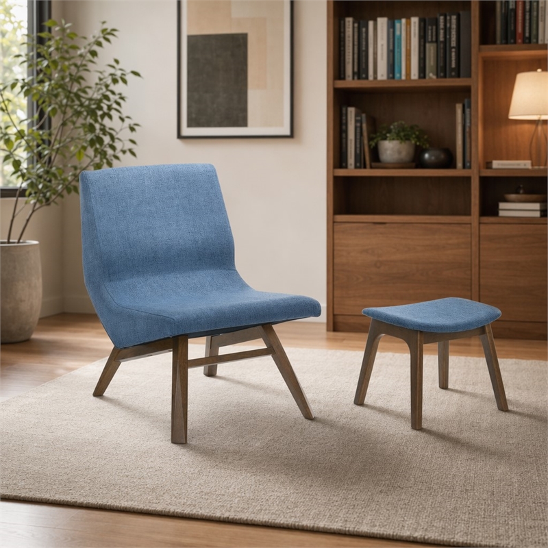 Pemberly Row Fabric Accent Chair & Ottoman Set in Navy Blue