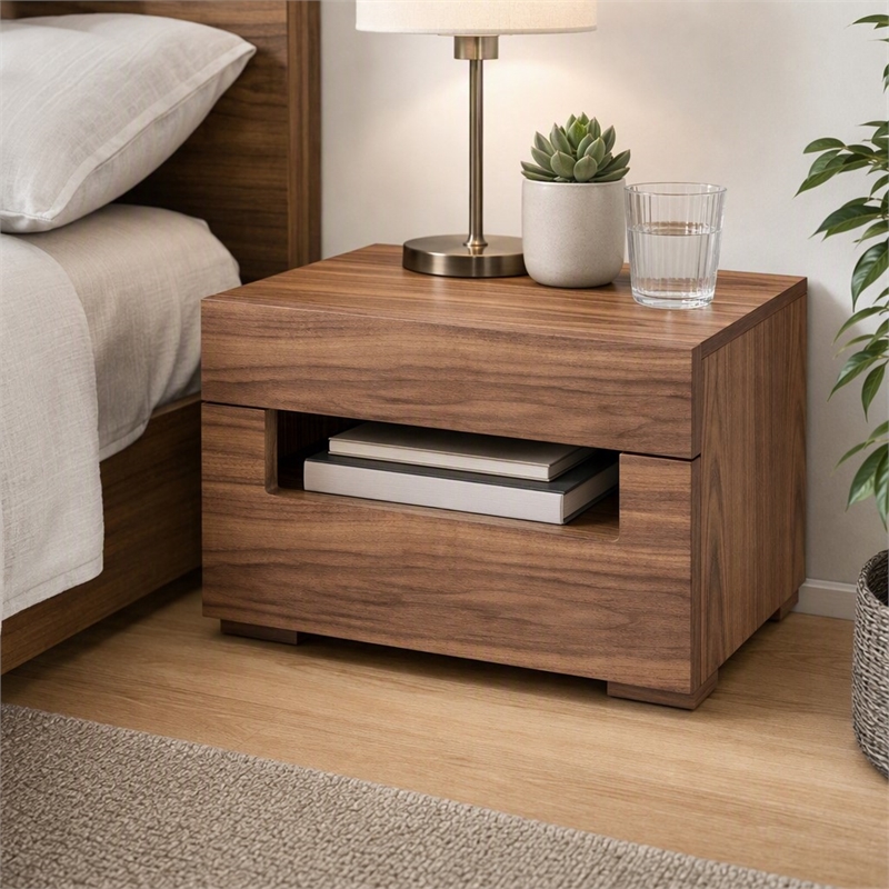 Pemberly Row Contemporary Veneer & MDF Wood Nightstand with LED Light