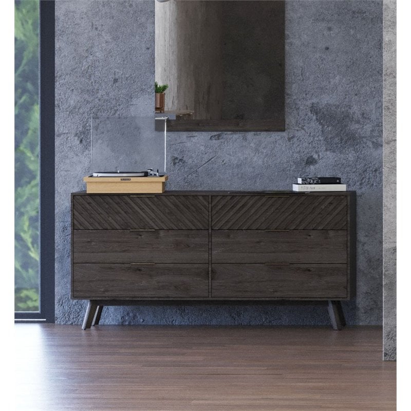 Pemberly Row Acacia Solid Wood Dresser with 6 Drawers in Dark Brown