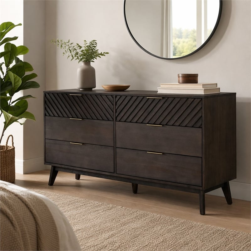 Pemberly Row Acacia Solid Wood Dresser with 6 Drawers in Dark Brown