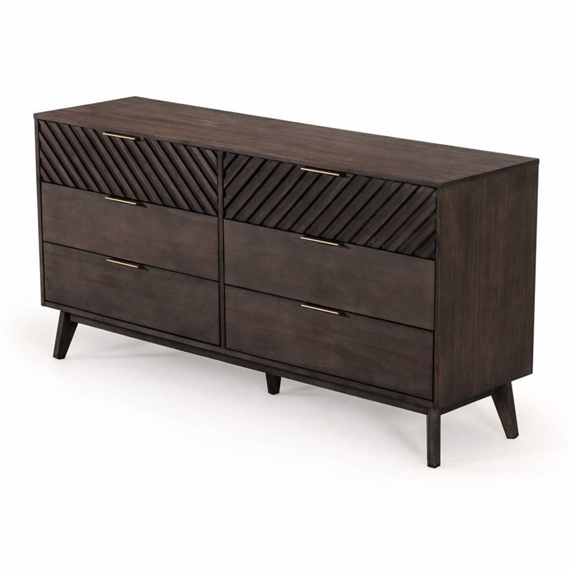 Pemberly Row Acacia Solid Wood Dresser with 6 Drawers in Dark Brown