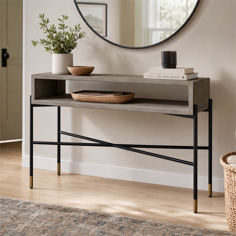 Pemberly Row Modern Concrete & Metal Console Table in Gray and Black