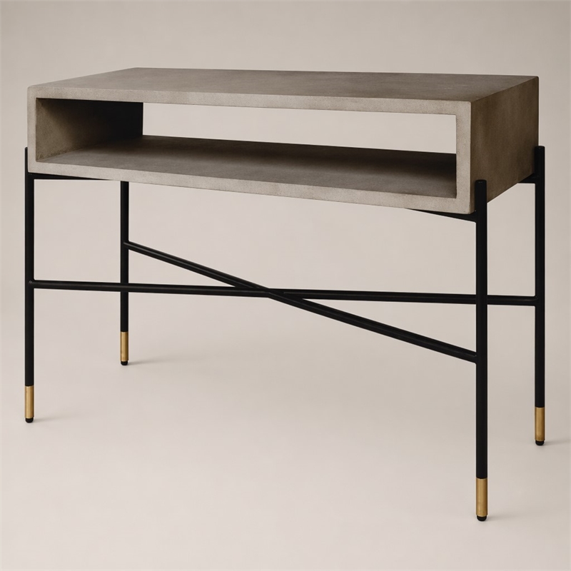 Pemberly Row Modern Concrete & Metal Console Table in Gray and Black