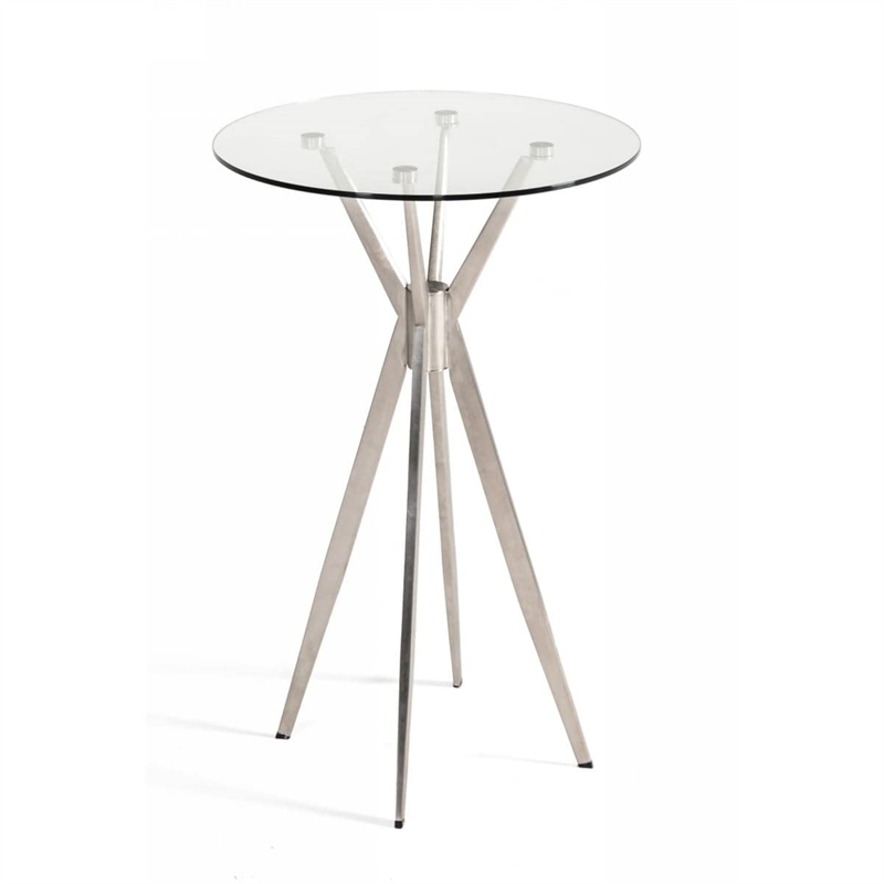 Pemberly Row Round Steel and Glass Bar Table in Silver/Clear