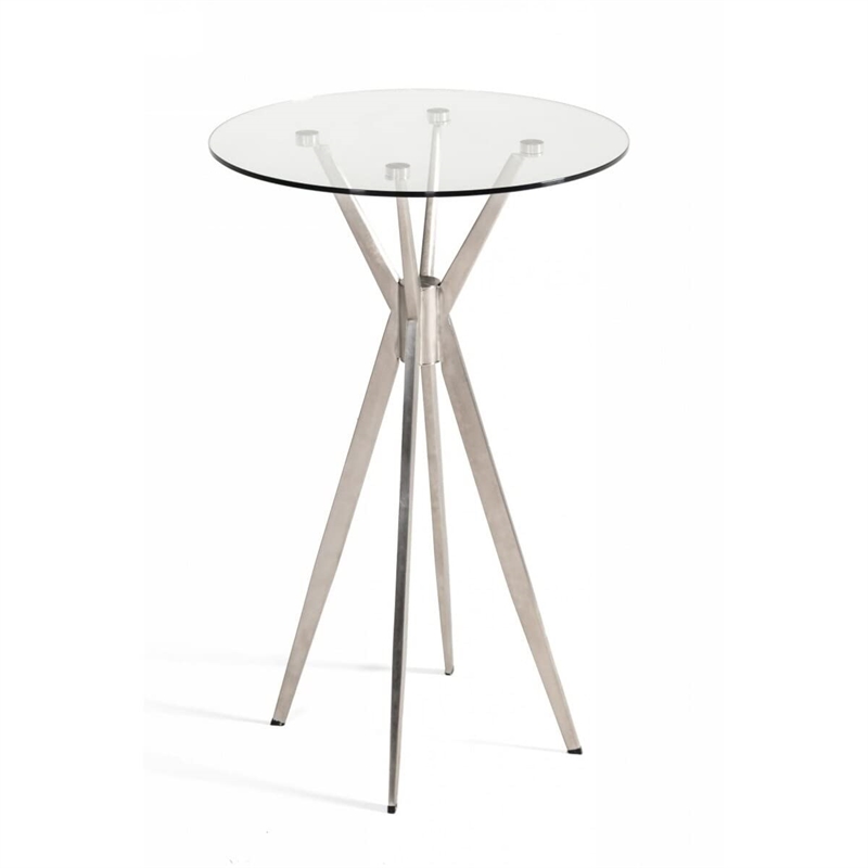 Pemberly Row Round Steel and Glass Bar Table in Silver/Clear