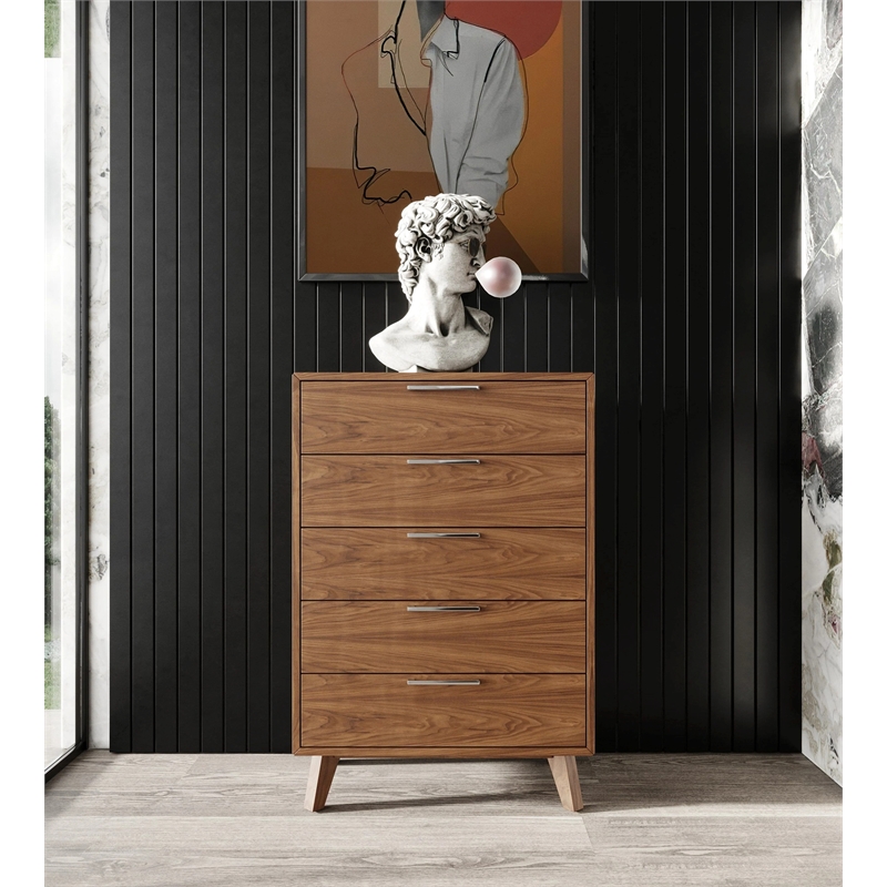Pemberly Row Soria Modern Walnut Wood Bedroom Chest with 5 Drawers